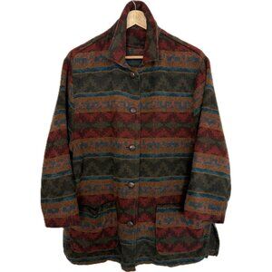 Vintage Aztec Jacket Women Large Petite Tan Red 90s Blanket Print Chore Coat